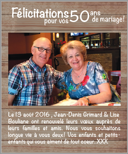 Félicitations pour vos 50 ans de mariage!