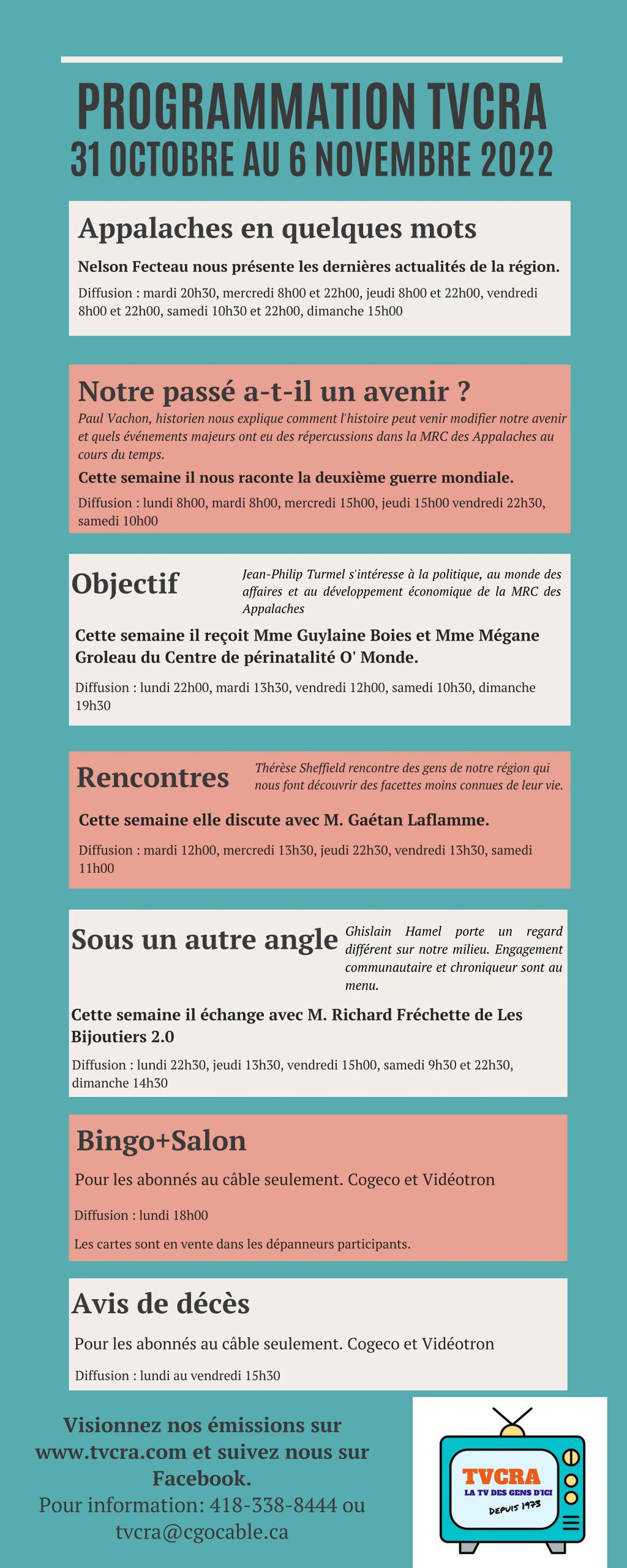 Programmation de la TVCRA pour la semaine du 31 octobre au 6 novembre 2022